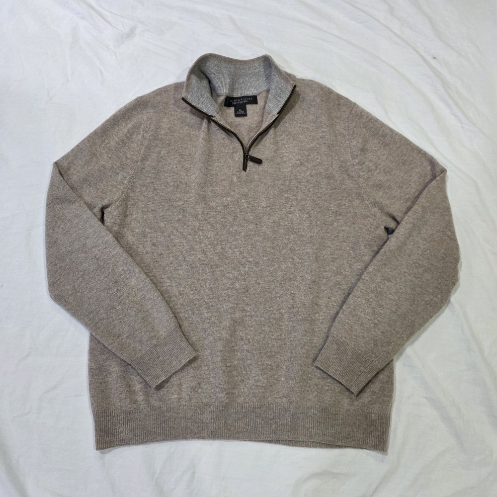 Bloomingdales 100% Cashmere Quarter Zip Long Sleeve Knit Sweater in Mushroom. XL